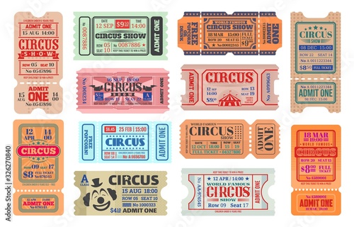 Circus carnival show vector retro tickets. Admission coupons of carnival amusement show. Isolated entertainment event tickets with vintage circus tent and clown, flags and stars