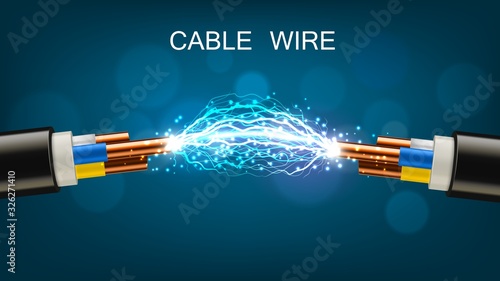 Electrical cable with copper wires, power equipment of energy industry. Vector realistic cable break or disconnect with electric discharge and sparks between stripped conductors