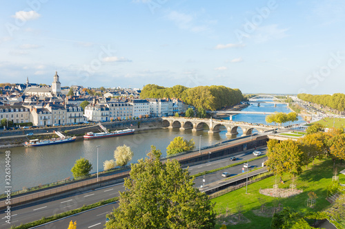 Panoramic view from the Castle, Angers, Maine-et-Loire, France. Beautiful daylight shot of the "Pont de Verdun" (Verdun bridge), the Maine river, etc... Cute medieval french city. 