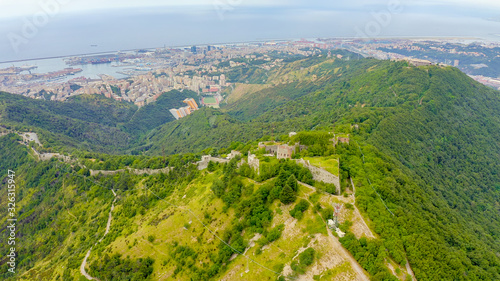 Genoa, Italy. Forte Sperone is a key point of the 19th-century Genoese fortifications and is located on top of the Mura Nuove. View of Genoa, Aerial View