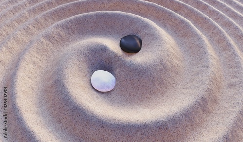 Black and white stones in sand. Yin-Yang symbol. 3D rendered illustration