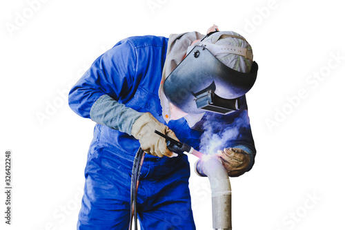 welder is welding process by Tig gas argon isolated on white background.