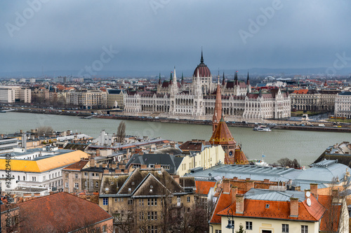 view over Budapest with Danube and Hungarian Parliament