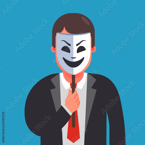 a man hides his identity under a smiling mask. Flat character vector illustration.