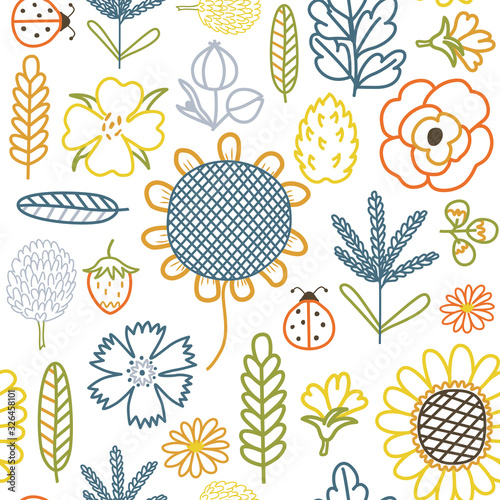 Colorful silhouettes of field flowers and herbs, seamless vector background