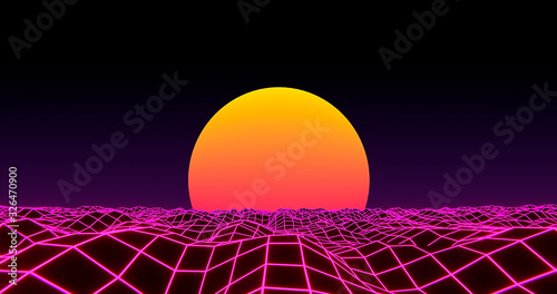 3D wireframe water waves sunset