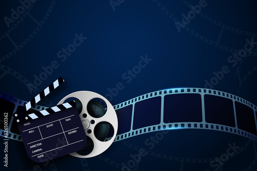 Cinema Film Strip wave, film reel and clapper board isolated on blue background. 3d movie flyer or poster with place for your text. Template design cinematography concept of film industry. Vector