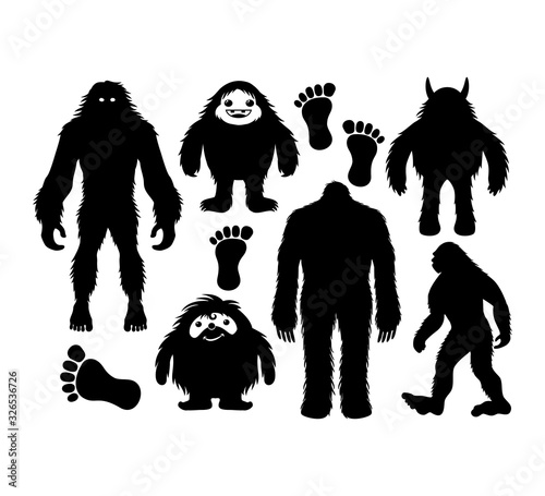 hairy bigfoot and cute yeti character silhouette vector graphic design set