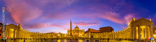 Panoramic view of St. Peter's Basilica and Square in Vatican City at sunset time