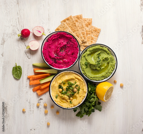 Various hummus dips, healthy snack