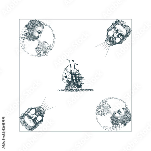 The Anemoi, Gods of winds and old sailing ship hand drawn in engraving style. Vector illustration of mythological theme.