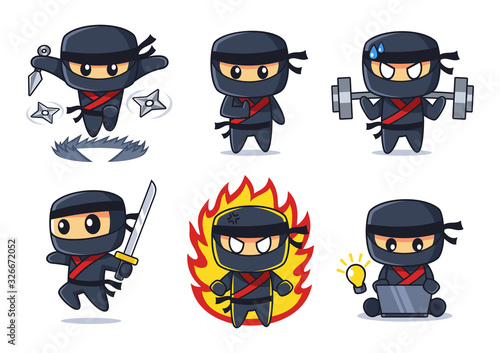 black Ninja cartoon collection in various poses set