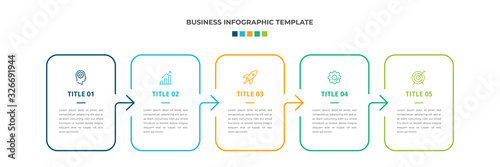 Modern Minimalist Business Infographic template square shape. 5 steps / option timeline with icons. For presentation, process, diagram, workflow, chart. Vector with blue, green, orange color