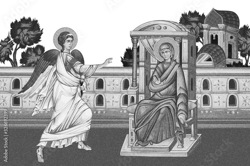 Annunciation to the Blessed Virgin Mary. Whole illustration in Byzantine style.