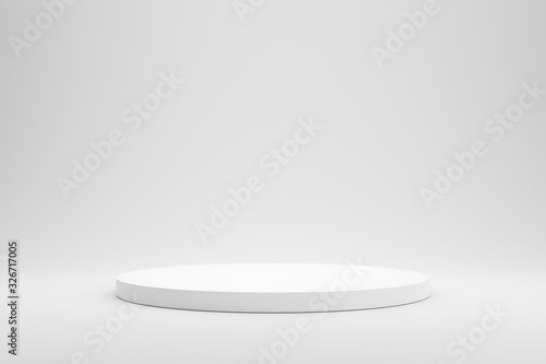 Empty podium or pedestal display on white background with cylinder stand concept. Blank product shelf standing backdrop. 3D rendering.