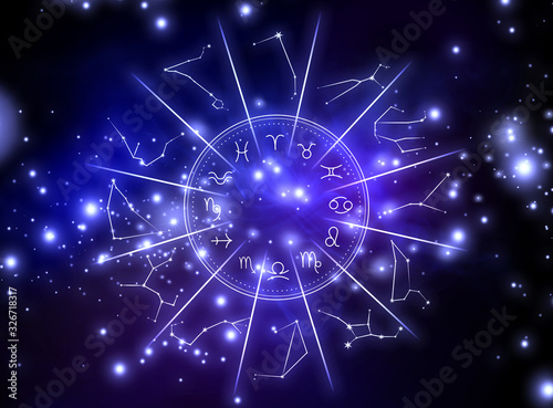 Illustration of night sky with stars and zodiac wheel