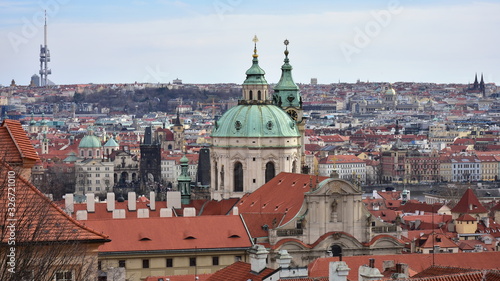 Prague panorama with Church of Saint Nicholas in the Lesser Town of Prague