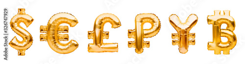 Money symbols made of golden balloons. Dollar, euro, pound, ruble, yen and bitcoin. Major monetary units of the world, currency symbols made of inflatable foil balloon. Investment and banking concept