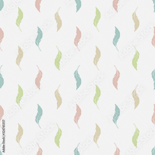 Seamless pattern with colorful feathers on a light gray background. Soft calm tones and colors. Endlessly repeating texture for the design of wallpaper, linens, pillows, textile. Vector illustration.