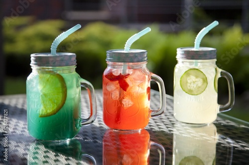 Orzeźwiający lemoniadowy napój w słoiku w letni dzień w ogrodzie. impreza ogrodowa.