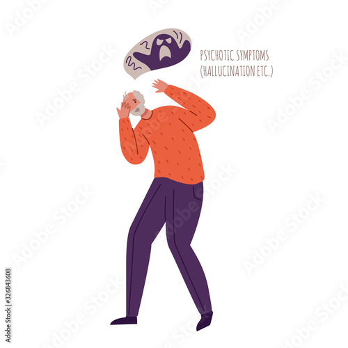 Alzheimers or Parkinsons disease old people with dementia symptoms, scared aged senior man with mental problems, hallucinations, fear, delirium and psychosis - vector isolated person on white