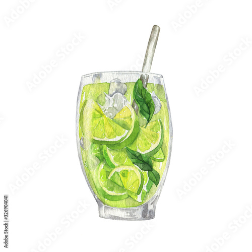 Summer mojito cocktail or lemonade isolated on white background. Hand drawn watercolor illustration.