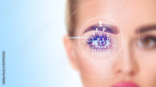 Woman eye and eyechart in scanning circle closeup.