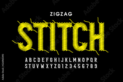 Zigzag stitch style font design, alphabet letters and numbers