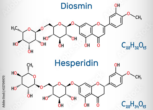 Hesperidin, diosmin, flavonoid molecule. Flavanone glycoside, drugs for treatment of venous disease. Structural chemical formula