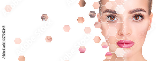 Beautiful female face made from faces parts in hexagon shape.