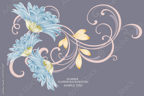 Floral abstract background frame with hand-drawn gerbera flowers. Element for invitations, greetings, cards.
