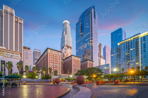 Beautiful sunset of Los Angeles downtown skyline