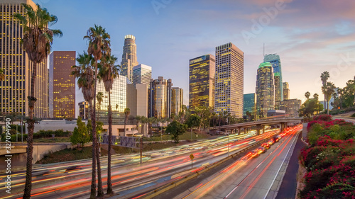 Beautiful sunset of Los Angeles downtown skyline