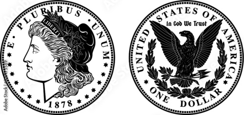 High quality 1878 One Dollar Coin Black And White vector Enchanted detail