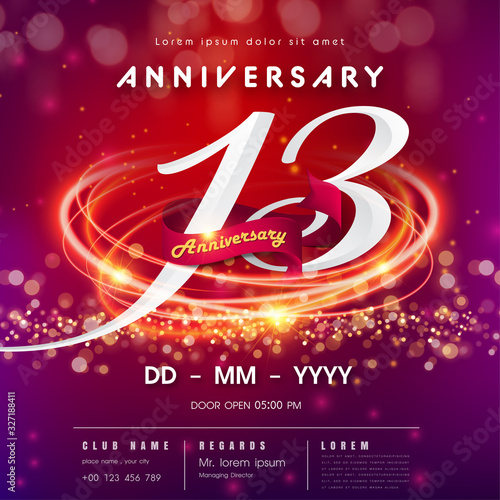 13 years anniversary logo template red and pink Abstract futuristic space background. 13th modern technology design celebrating numbers with Hi-tech network digital technology concept design elements