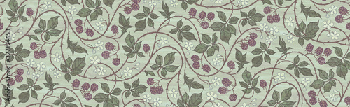 Floral botanical blackberry vines seamless repeating wallpaper pattern- faded vintage sage and raspberry version