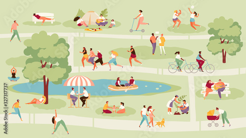 Large crowd of people in the park. Recreation, sport and outdoor activities vector illustration