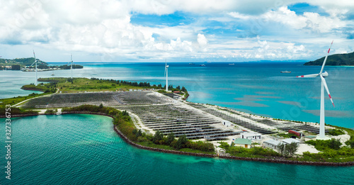 View from above to solar farm on Romainville Island at Seychelles