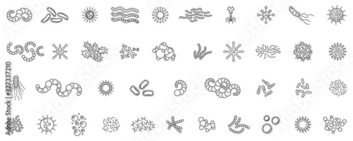 Virus, bacteria or microbe outline icons set.