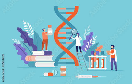 Research scientist. Science laboratory, chemistry scientists and clinical lab. Medical research items, clinical science laboratories experiments. Dna, genetic test concept vector illustration