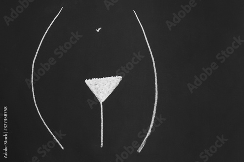 trimmed natural pubic hair style or hairstyle known as american or classic bikini wax or bermuda triangle - simple minimalist line drawing with chalk on blackboard
