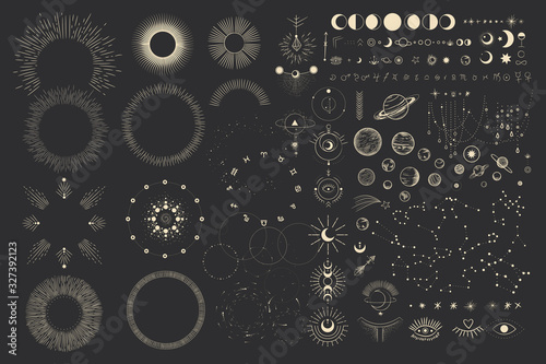 Vector illustration set of moon phases. Different stages of moonlight activity in vintage engraving style. Zodiac Signs