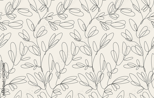 Seamless floral pattern with one line flowers. Vector hand drawn illustration.