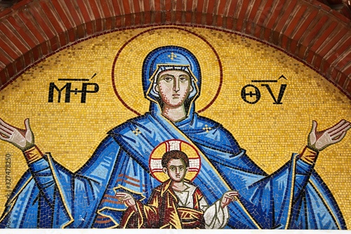 Mosaic showing Virgin Mary and Jesus Christ outside of Christian orthodox church in Athens, Greece