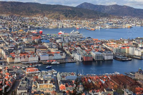 BERGEN NORWAY - 2016 MAY 01. Bergen city with the famous bryggen and outdoor fish marked.