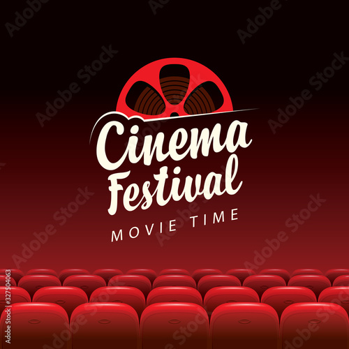 Vector banner for retro cinema festival with calligraphic inscription and film strip reel. Cinema hall with big screen and red seats. Empty movie theatre. Poster design for concert, theater, event