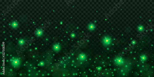 Creative vector illustration of glowing fireflies isolated on transparent dark background. Art design green glowing firefly template. Abstract concept sparks dust element, lightning bugs at night