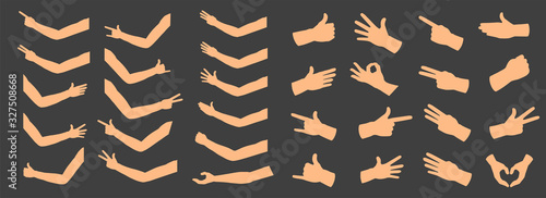 Creative vector illustration of gesturing hands, arm, finger sign set isolated on background. Art design counting gestures, arm handshake template. Female and male hands. Abstract concept emotions