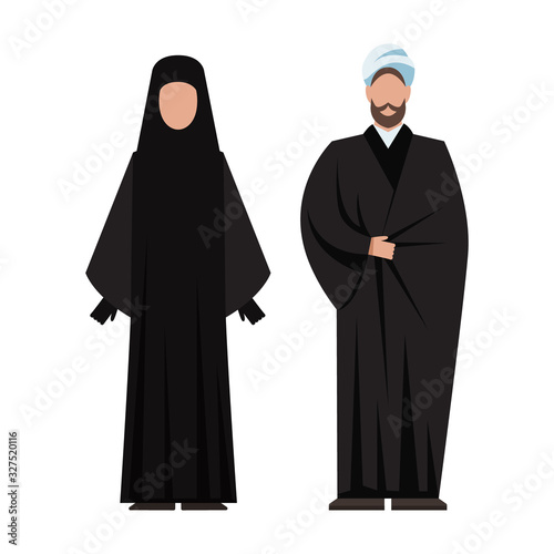 Religion people wearing traditional clothes. Male and female religious