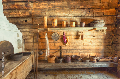 The interior of the rustic Russian hut